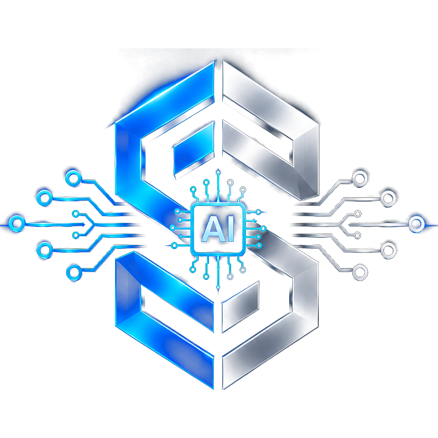 Symmetry logo: a blue and silver geometric S with an AI chip and circuit traces